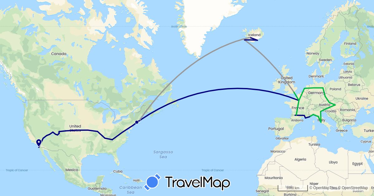 TravelMap itinerary: driving, bus, plane in Austria, Czech Republic, Germany, France, United Kingdom, Hungary, Iceland, Italy, Netherlands, United States (Europe, North America)